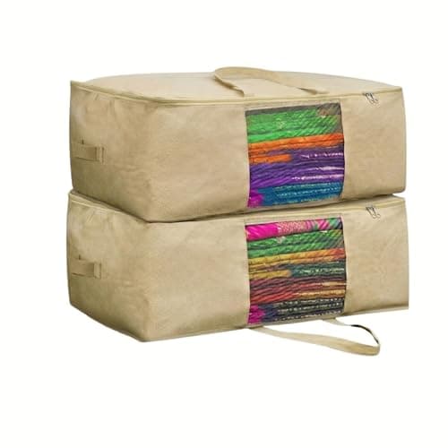 Gowloz Large Cotton Saree Storage Bags Pack of 2 (42 x 16.5 x 34 cm) – Breathable Clothes Organizer with Mesh Window & Zipper | Wardrobe Storage Bags for Sarees, Blankets, Bedding, Dresses & Garments