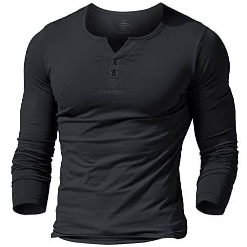 palglg Mens Long Sleeve Muscle Slim Fitted Cotton Henley T-Shirt with Buttons Black XL