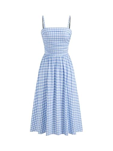 CIDER Women's Summer Gingham Midi Dress Sleeveless Ruched Plaid Dress Spaghetti Strap Dresses Casual Trendy Sky Blue