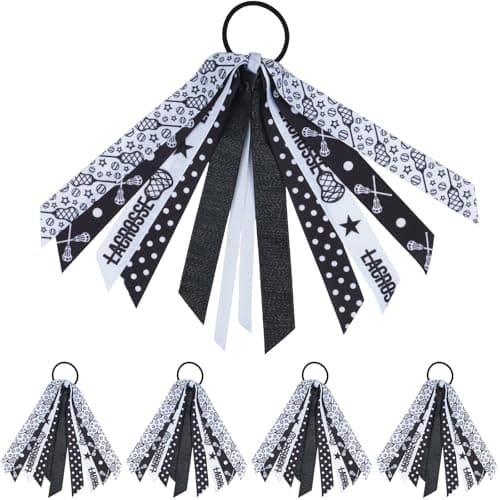 YKW 5 Pack Lacrosse Hair Ties Ribbon Ponytail Holder for Girls Sports Team Accessories with Stick Pattern Scrunchies Streamers Hair Bows Gift Set for Players Fans Mom Lacrosse