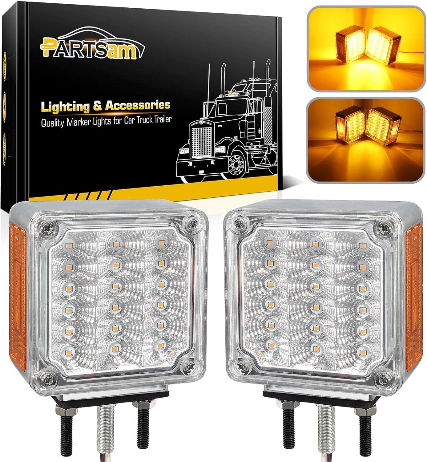 Partsam 2Pcs Square Double Face LED Turn Signal Lights - Amber/Amber