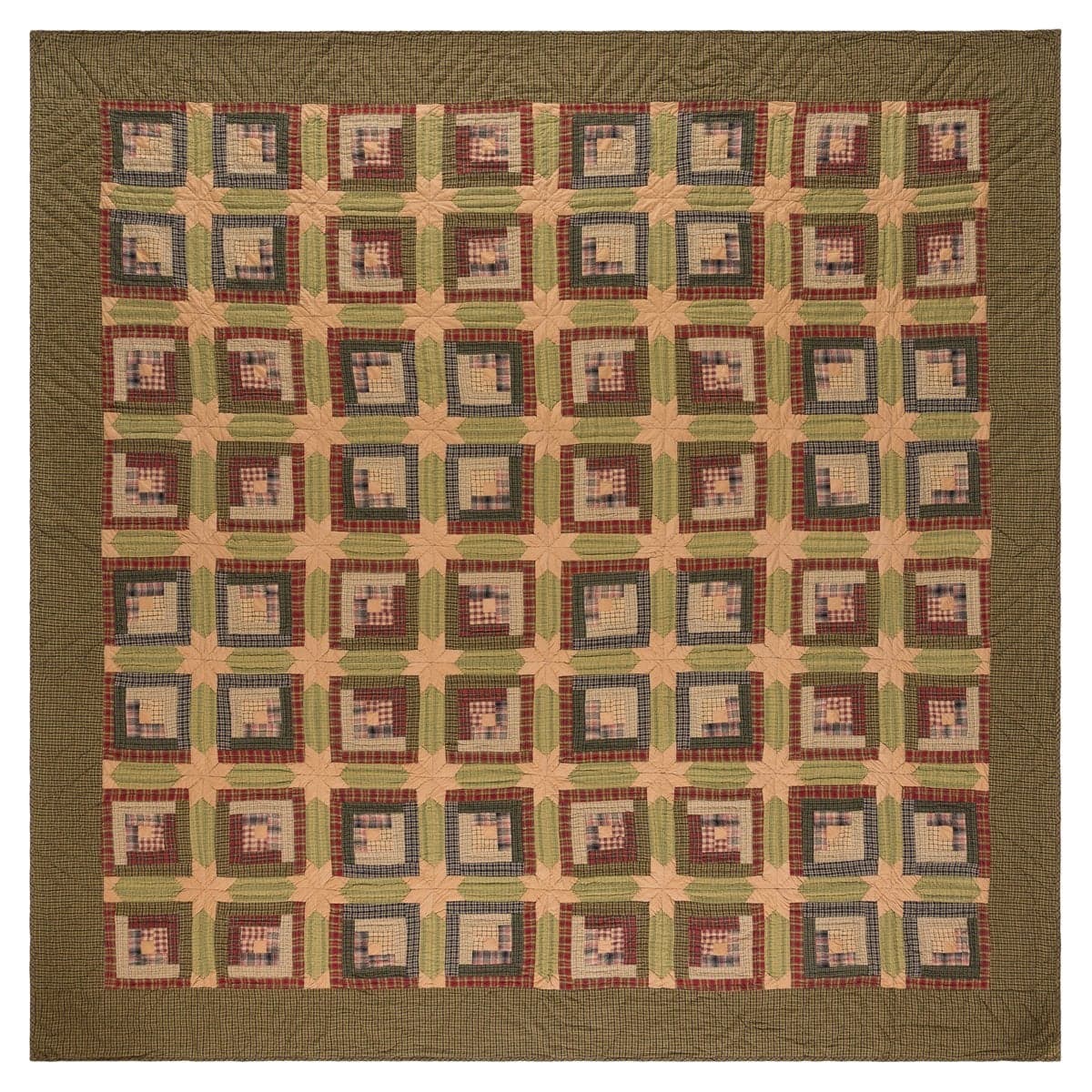VHC Brands Tea Cabin Queen Quilt 94Wx94L Log Cabin Country Rustic Lodge Design Moss Green and Deep Red