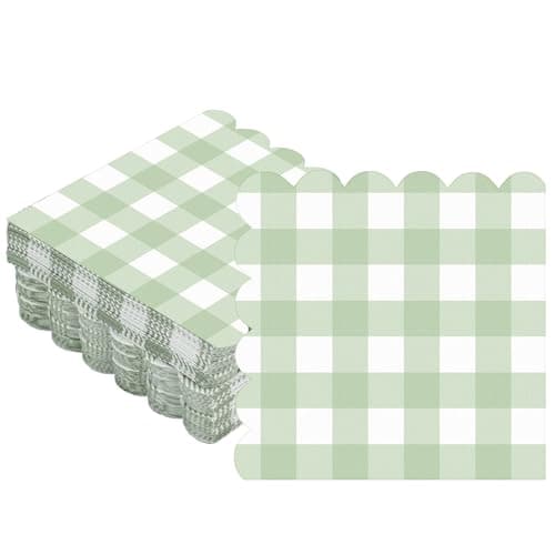 Seajan 100 Pcs Sage Green Gingham Cocktail Napkins Disposable 5x5 Inch Scalloped Edge Plaid Paper Napkins Checkered for Wedding Birthday Party Dinner Holiday Decorations