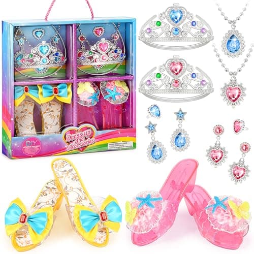 Princess Dress Up Shoes Set Girls Role Play Shoes Toddler Pretend Jewelry Toys Set Gift Set 2 Pairs of Shoes Kit Collection of Tiara Crown Earrings Necklace Rings for Girls Aged 36 Years Old