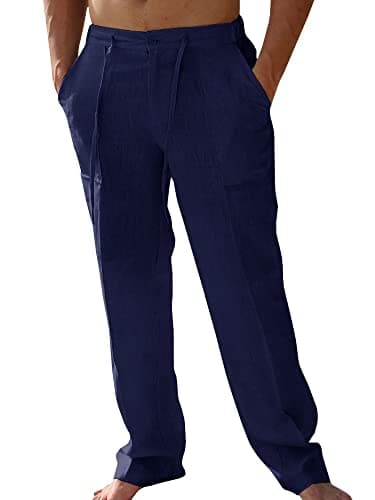 PASLTER Mens Casual Linen Pants Loose Fit Straight-Legs Elastic Drawstring Waist Summer Beach Yoga Long Pants A-Navy Blue