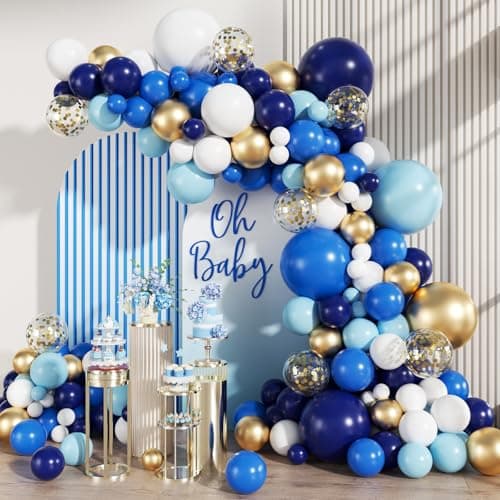 MEBAY Navy Blue White Gold Balloon Garland Arch Kit 147PCS Royal Dark Pastel Blue White Gold Balloons with Confetti for Birthday Party Baby Shower Wedding Graduation Decorations