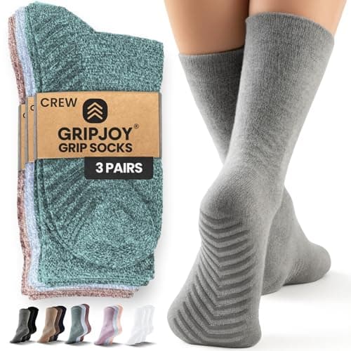 Gripjoy Grip Socks for Women, Grippy, Non Slip, Gripper Socks for Women & Men, Pilates, Yoga, Hospital, Non Skid, 3 Pairs, Crew, Heather Mix Green