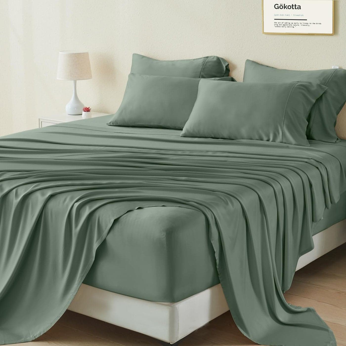 GOKOTTA King Size Bed Sheets 6 Piece Set 100 Rayon Derived from Bamboo Cooling for Hot SleepersLuxury Breathable Soft Sheets Deep Pocket 16 Fitted Sheet with Elastic Corner Straps Green