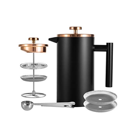 Meelio Small French Press Coffee Maker 600ml, Black Double-Wall Insulated French Press Coffee Press Stainless Steel for travel camping, Included 2 Extra Fliters and 1 Coffee Spoon (2-4cup, 20 OZ)