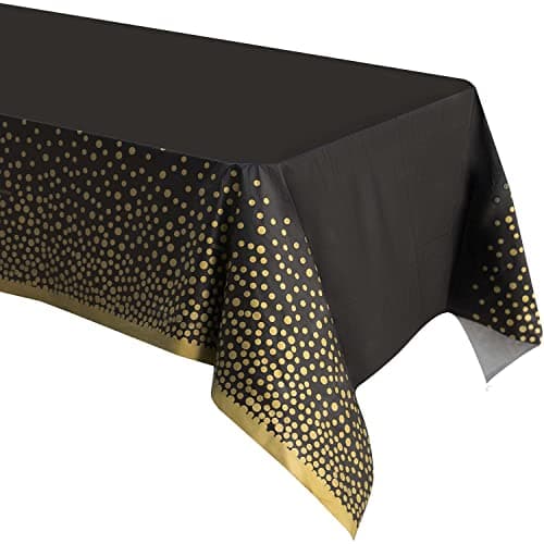 ZULADISE 2 Pack Premium Black and Gold Plastic Tablecloths Thick Durable Reusable Table Covers 54 x 108 in Disposable Party Tablecloths for Birthday Graduation Holiday and Event Decorations