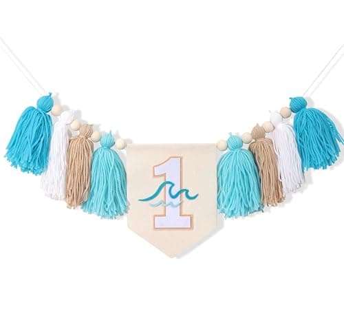 Big One Surf High Chair Banner Wave 1st Birthday Decoration for Boys Tassel Garland