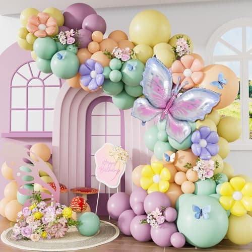 Adeyoo Spring Floral Butterfly Balloon Arch Garland Kit Fairy Balloon Arch Pastel Green Purple Yellow Balloons with Daisy Balloons for Wildflower Baby Shower Birthday Tea Party Decorations