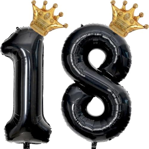 40 inch Large Black 18 Balloon Number with Gold Crown Balloons 18th Birthday Big Foil Mylar Helium Balloon for Boys Girls 18th Birthday Anniversary Decorations Supplies FavorsNumber 18 Balloons