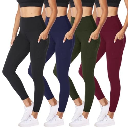 NexiEpoch 4 Pack Leggings with Pockets for Women - High Waisted Tummy Control Soft Black Yoga Pants for Athletic Workout