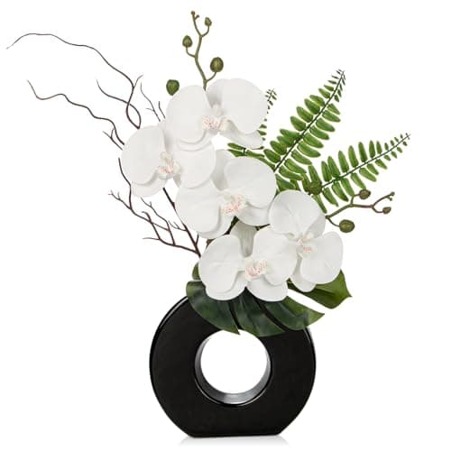 Briful Orchid Fake Flowers 16.1'' White Artificial Orchid Silk Flowers in Black Pot Faux Orchid Arrangement for Home Office Desk Modern Decoration