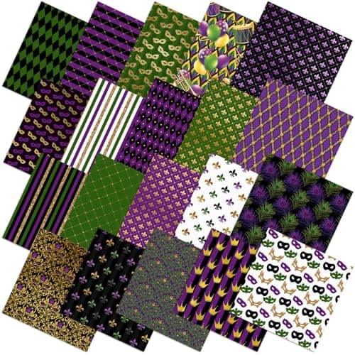 HunnmingRe 20 Pcs 10x10 Mardi Gras Quilting Fabric Square Bundle Lily Flowers Masquerade Precuts Quiltted Fabric Purple Green Gold Printed Patchwork Supplies for DIY Material Sewing Crafts