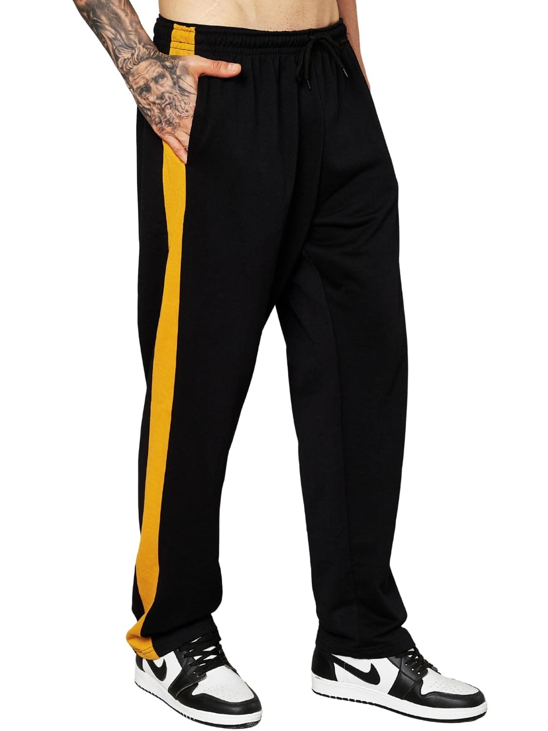 LEOTUDE Men Textured Stylish Straight Mid Rise Loose Fit Track Pants for Man (TRK210_BLK_Mustard_P_Black_XL)