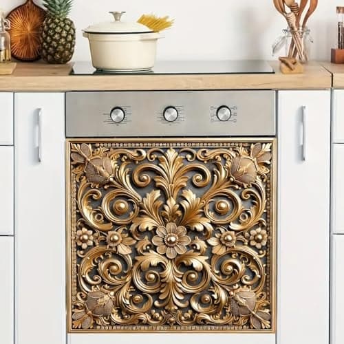 BlissYard Baroque Floral Dishwasher Magnet Cover 23x26 Inch Golden Floral Dishwasher Metal Art Style Home Appliance Covers Sticker Fridge Refrigerator Magnetic Home Cabinet Kitchen Decoration