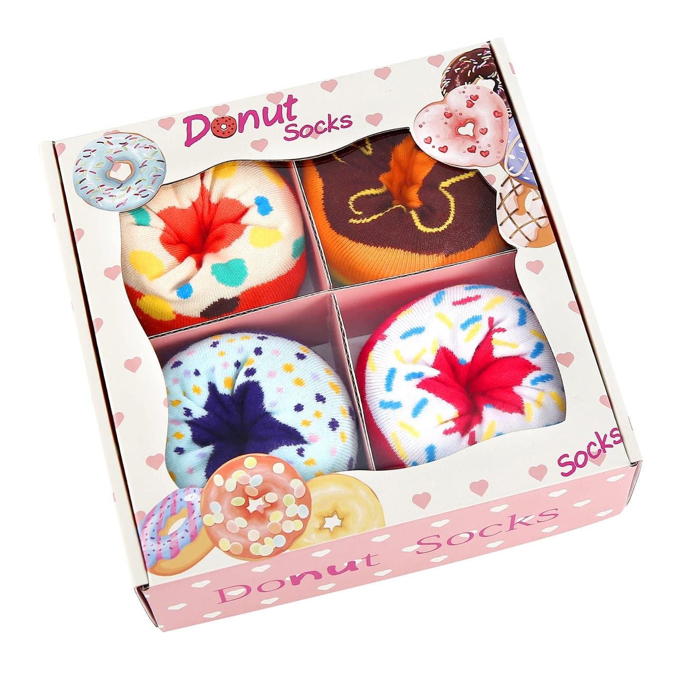 Funny Donut Socks Box -Funny Gifts for Women Ladies Teenage Girls-Fun Novelty Funky Cute Food Silly Cotton Crazy Socks Mothers Day Valentines Christmas Birthday Gifts Stocking Fillers-4 pairs