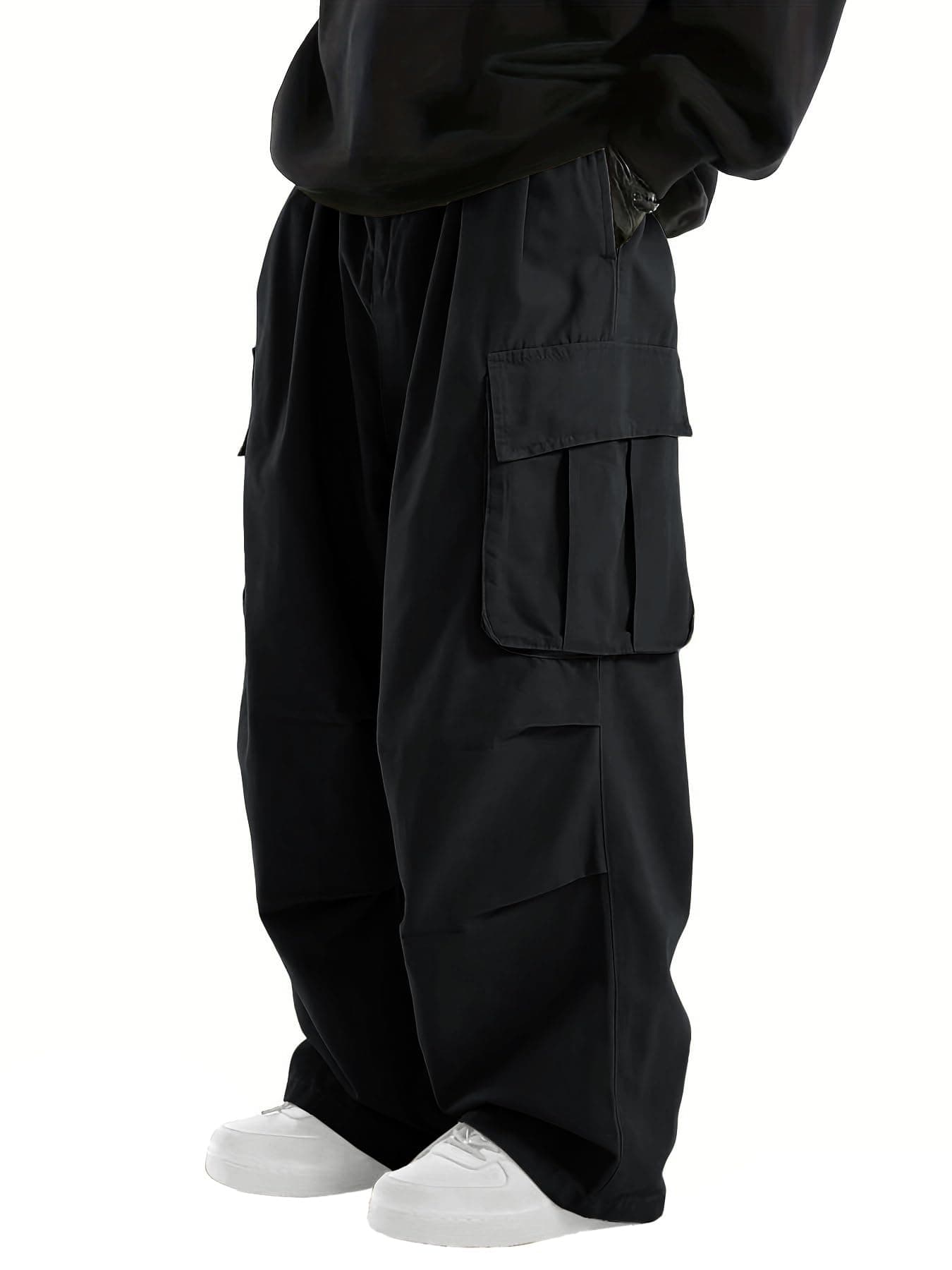 WZIKAI Men's Baggy Cargo Pants Elastic Waist Drawstring Parachute Cargo Pants Casual Loose Fit Joggers Hiking Hip Hop Pants with Pockets Black M