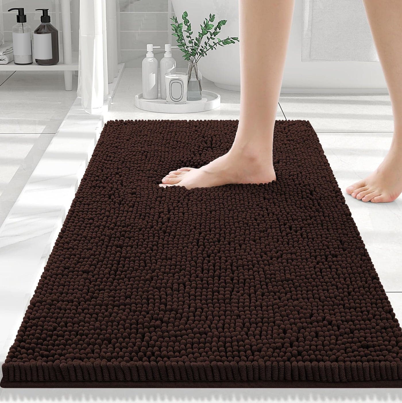 Smiry Luxury Chenille Bathroom Rugs 30x20 Extra Soft and Absorbent Shaggy Bath Mat Machine Washable NonSlip Plush Carpet Runner for Tub Shower and Floor Home Decor Accessories Brown