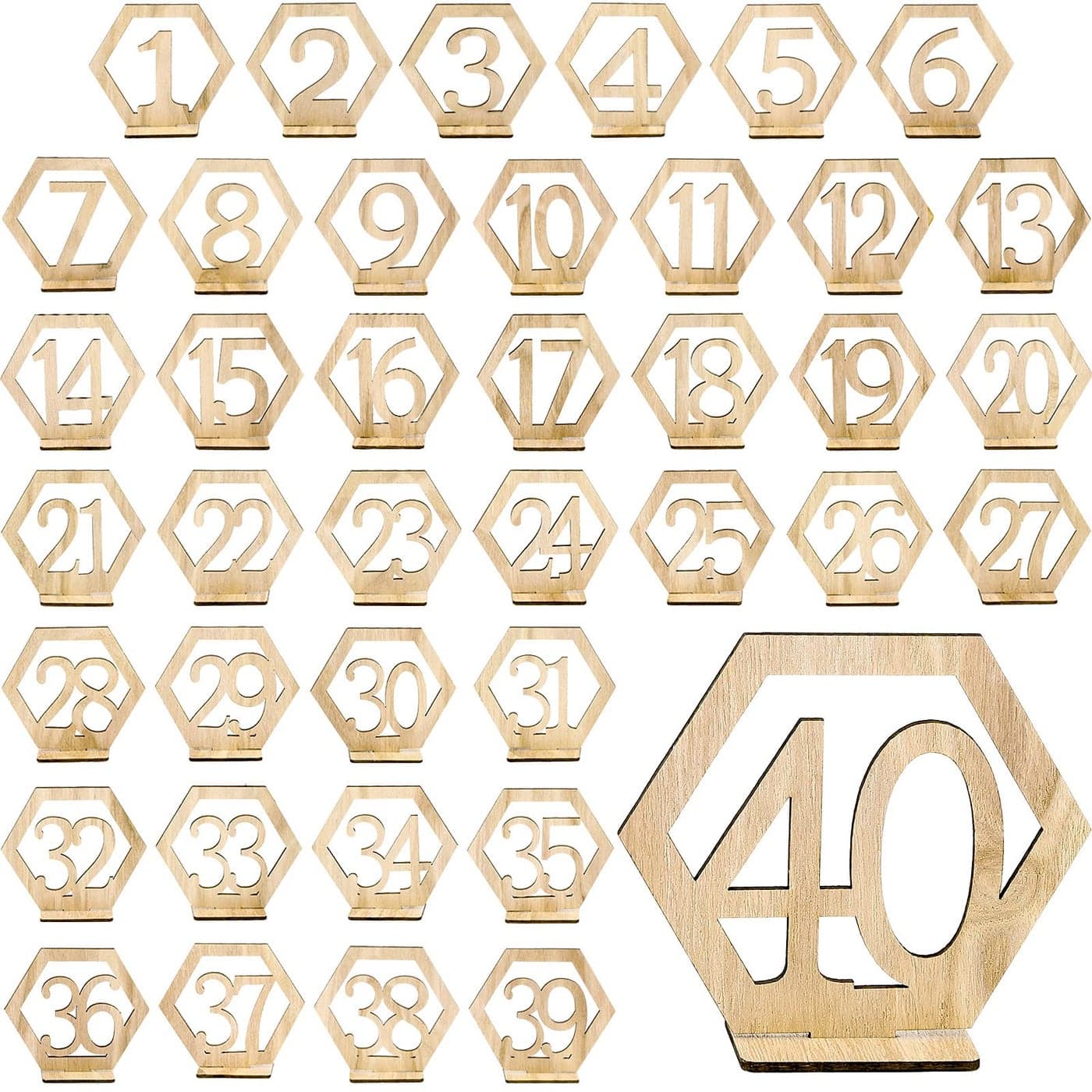 Blulu 40 Pieces Wooden Wedding Table Numbers Hexagon Shape 140 Rustic Hollow Wood Table Numbers with Holder Base Standing for Wedding Event Party Catering Decoration