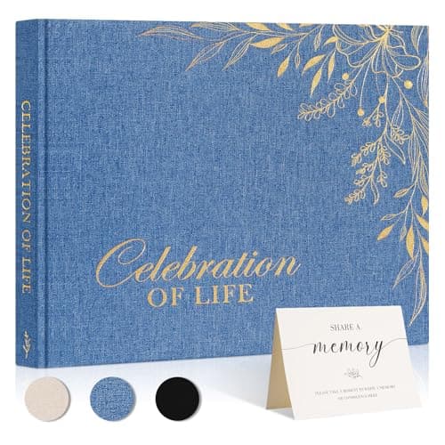 Lanpn Funeral Guest Book for Memorial Service, Linen Cover Celebration of Life Registry Guest Book, Funeral Favors Sign in Books for Guests Memory Book for Funeral with Memory Table Sign, Blue