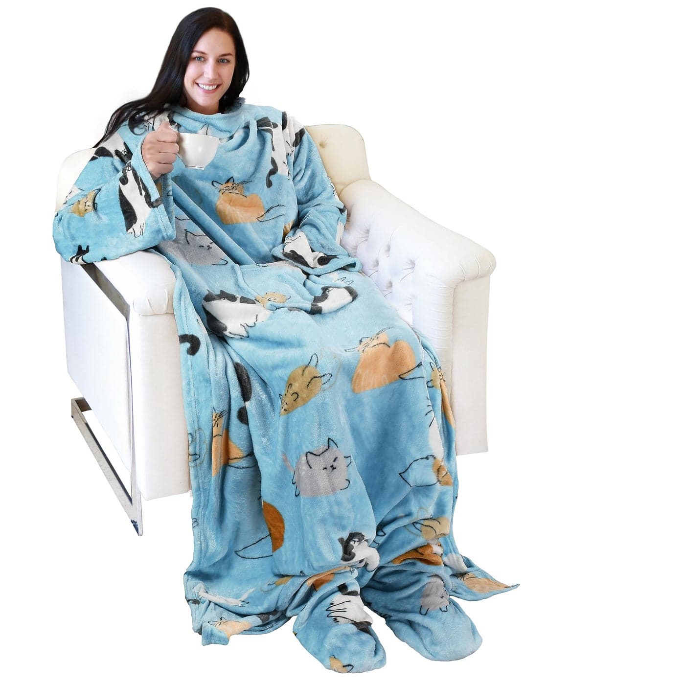 Catalonia Wearable Fleece Blanket with Sleeves and Foot Pockets for Adult Women Men Micro Plush Comfy Wrap Sleeved Throw Blanket Robe Large Blue Cat