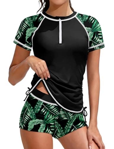 TyeSmo Girls Swimsuits Rash Guard Swimsuit 2 Piece Teen Swimsuits for Girls 12-14 Short Sleeve Color Block Teen Bathing Suits for Girl 12-14 UPF 50+ Sun Protection Padded Zip Swimwear with Shorts