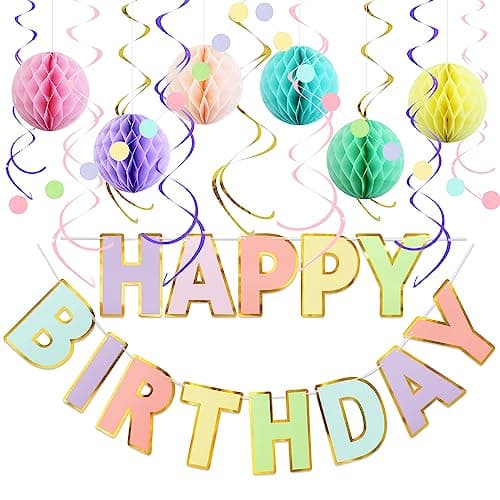 LITAUS Pastel Birthday Decorations Kit - 17-Piece Set with Pre-Strung Happy Birthday Banner, Honeycomb Balls, Garland & Swirls | Macaron Theme Party Supplies for Women Girls Kids, Teens Adults