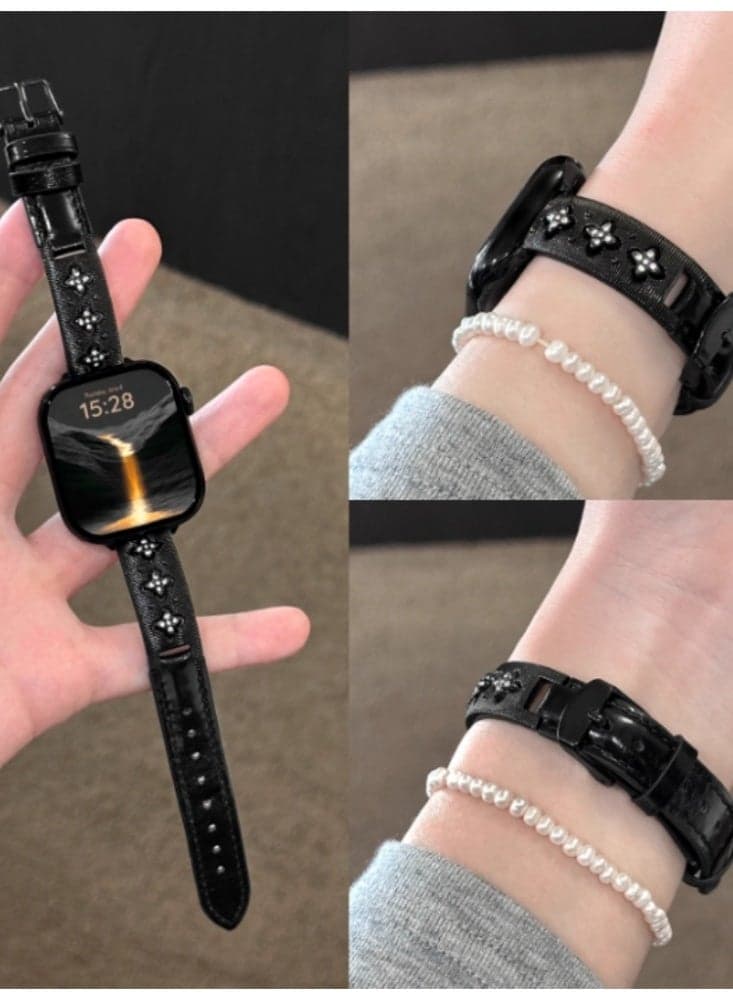 Bracelet Leather Strap iWatch Replacement Strap Fine Design Black - Black on Suitable For 41mm - iwatch 7/8/9 Generation