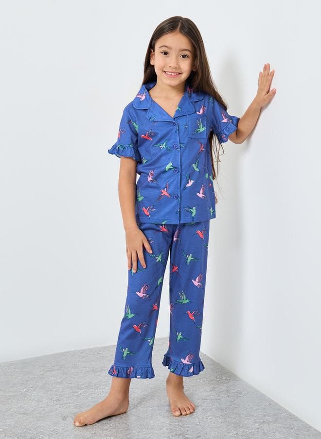 Girls Blue Hummingbird Print Shirt And Pyjama Set