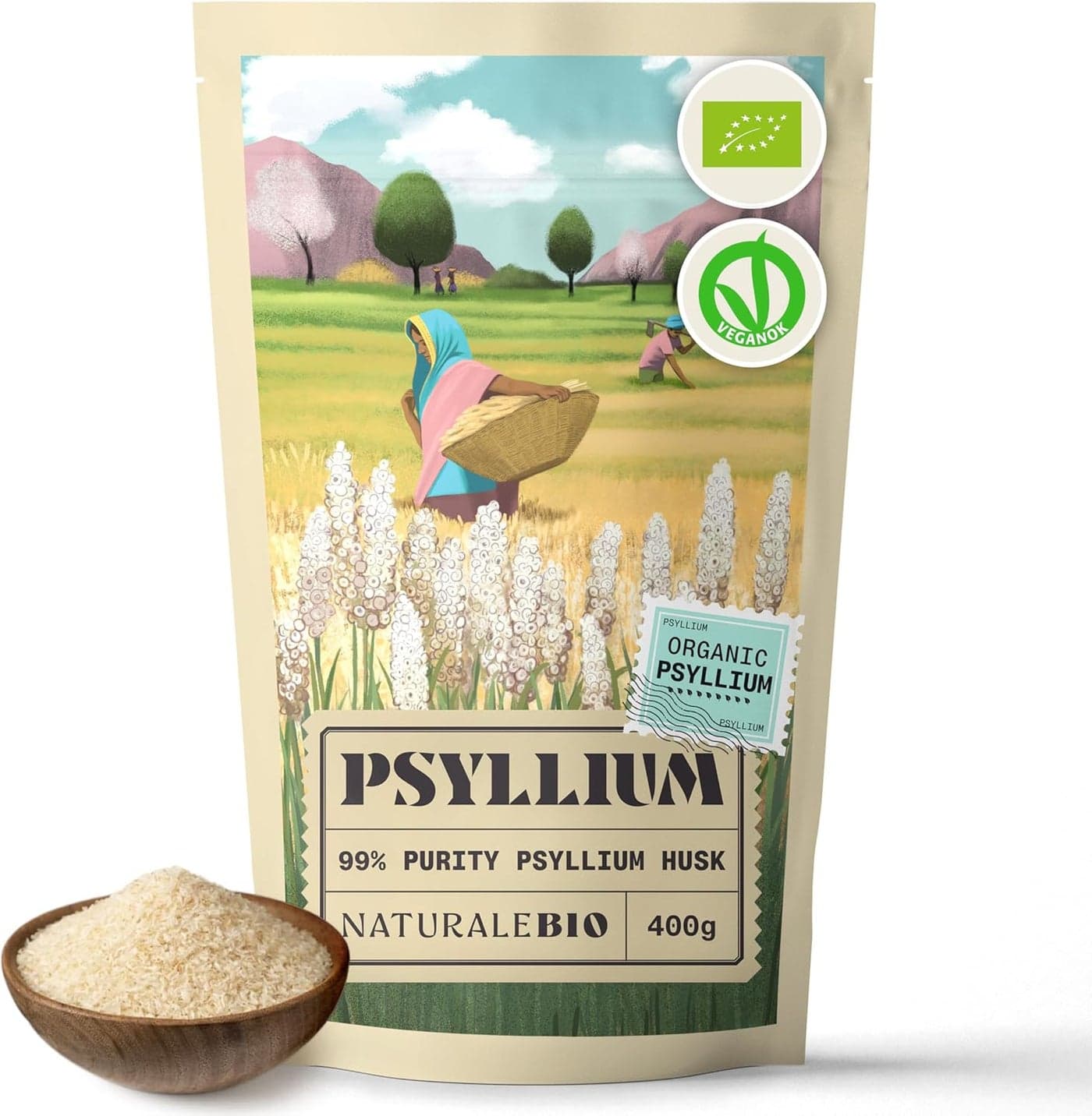 NaturaleBio Organic Psyllium Husk 99 Purity 400g Pure Natural Psyllium Seed Husks Produced in India High in Fibre to be Mixed with Water Beverages Juices Vegetarian Vegan