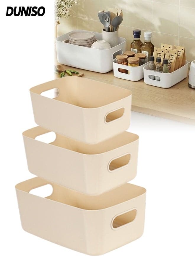 3-Pack Storage Bin,Small Plastic Containers for Organizing with Handles,Multi-Use Durable Cabinet Organizer for Closets, Shelves and Countertops (Apricot Colour)