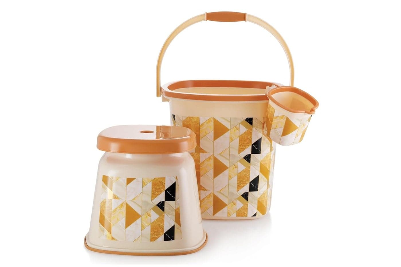 Nabhya Oyster Jumbo 3pcs Luxurious Bathroom Accessories Set Plastic Bath Set Bathroom Bucket 25Ltr Mug 15Ltr Big Heighted Stool 3 Piece Combo Set for Home Kitchen Bathroom Brown Jumbo