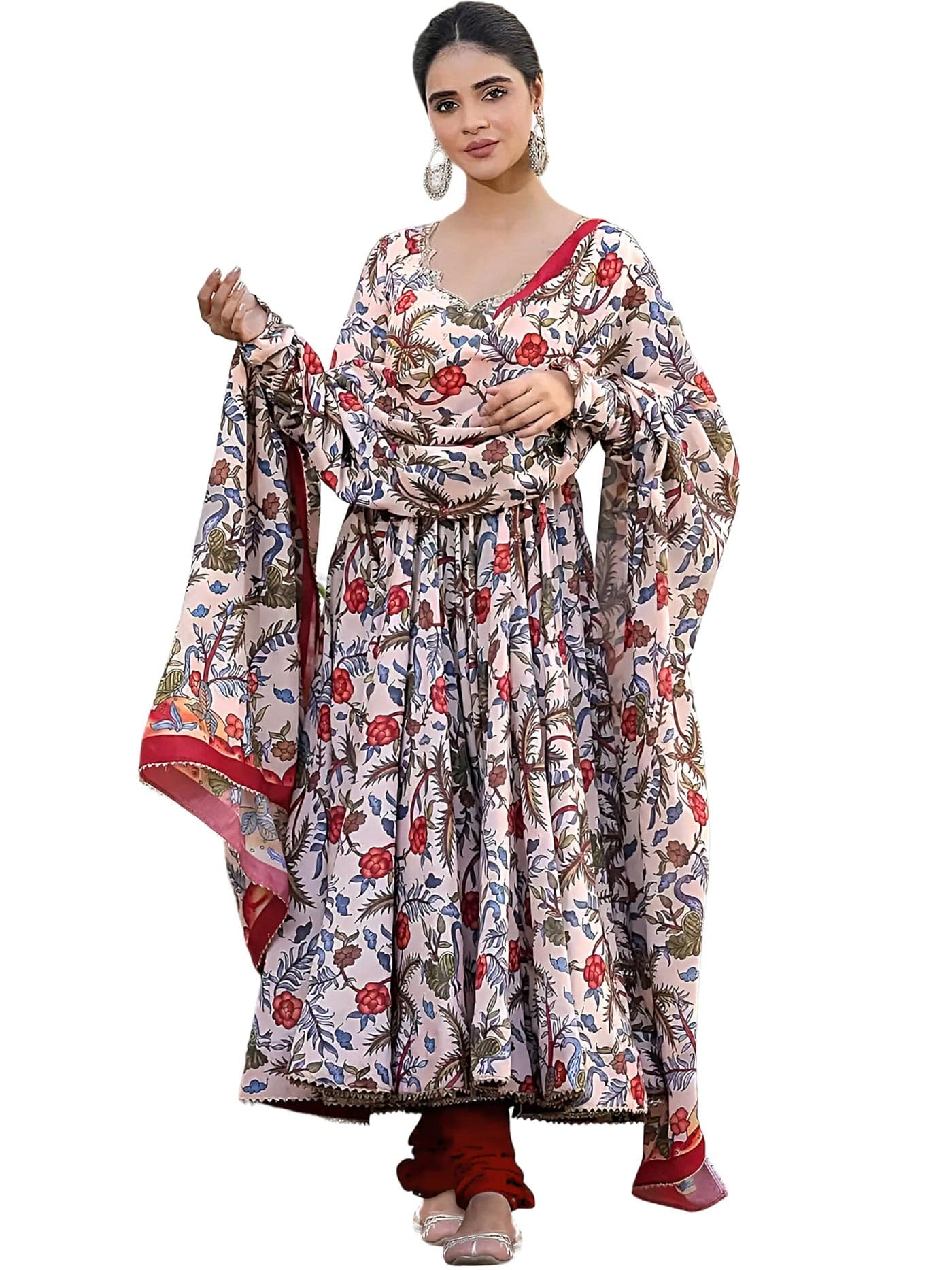 Pinkmint Elegant Women's Muslin Printed Anarkali Kuirta Set with Matching Dupatta Festive Occasions Ethnic Wear Multicolour