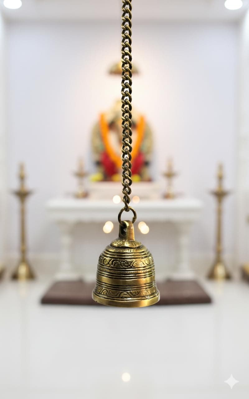 Esplanade Brass Hanging Bells for Home Decoration with Chain - (1 Piece) 2" Inches Traditional Temple Bell with 16" Chain with Hook, Hanging Bells for Pooja Room, Mandir Decor, Antique Look Ghanti