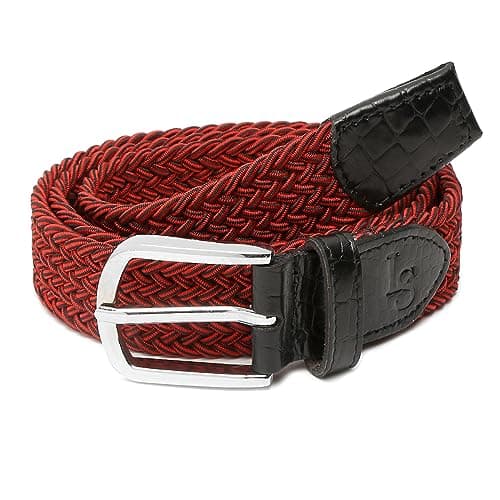 LOUIS STITCH Men's Black and Red Braided Elastic Stretch Belt with Leather Tipped End Stretchable Canvas Waist Band for Men Women Boys Girls Unisex (26-34 inch waist) (BE-EL)