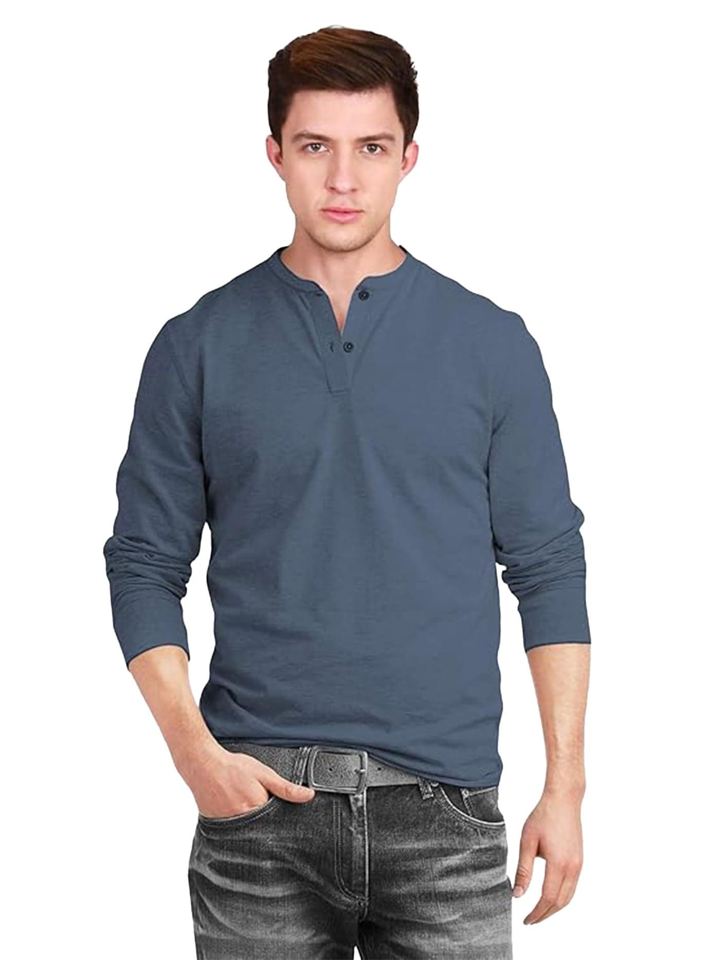 fanideaz Mens Full Sleeve Henley T Shirt 100 Percent Cotton Casual T Shirt for Men Soft Slim Fit_0266BL_3XL_Blue Marl