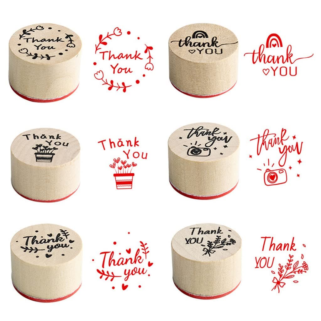 JZTang 6 Pcs Wooden Stamps Set Round Wooden Rubber Stamps for Card Making Thank You Pattern Rubber Stamp for DIY Craft Card and Scrapbooking Thankyou Stamps