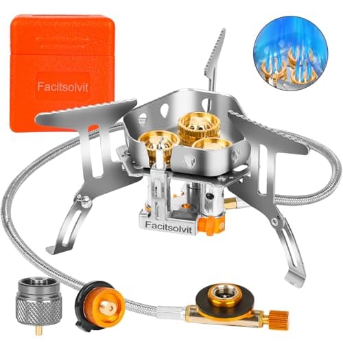 9900W Windproof Camping Gas Stove Portable Camping Stove with Piezo Ignition 1LB Propane Tank Adapter Butane Adapter for Outdoor Cooking Picnic Camping and Hiking