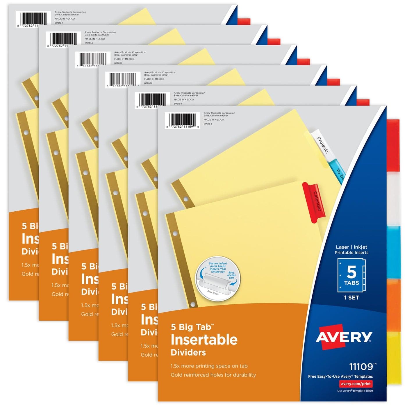 Avery Binder Dividers 5Tab Insertable Multicolor Big Tabs for Binders 6 Sets of Dividers 11109