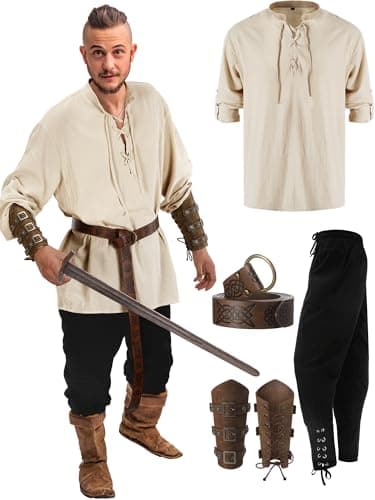 Jiuguva 4 Pcs Halloween Men's Renaissance Costume Set Medieval Pirate Shirt Ankle Banded Pants Viking Belt Accessories (Classic Color,XX-Large)