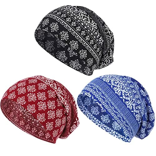 Bohend Bohemian Beanie Hats Headwear Cap Stretch Non Slip Sleep Turbans Hats for Women Men Close top Head Covering (3 Pack) (Cashew Flower Style) Multicolor