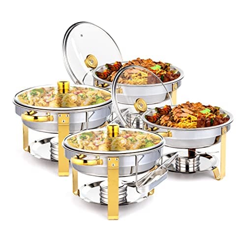 ROVSUN 5QT 4 Packs Chafing Dish Buffet Set Gold Accent, NSF Round Stainless Steel Buffet Warmer Chafers and Warmers Sets with Glass Lid & Lid Holder for Catering Events Parties Weddings Dinners