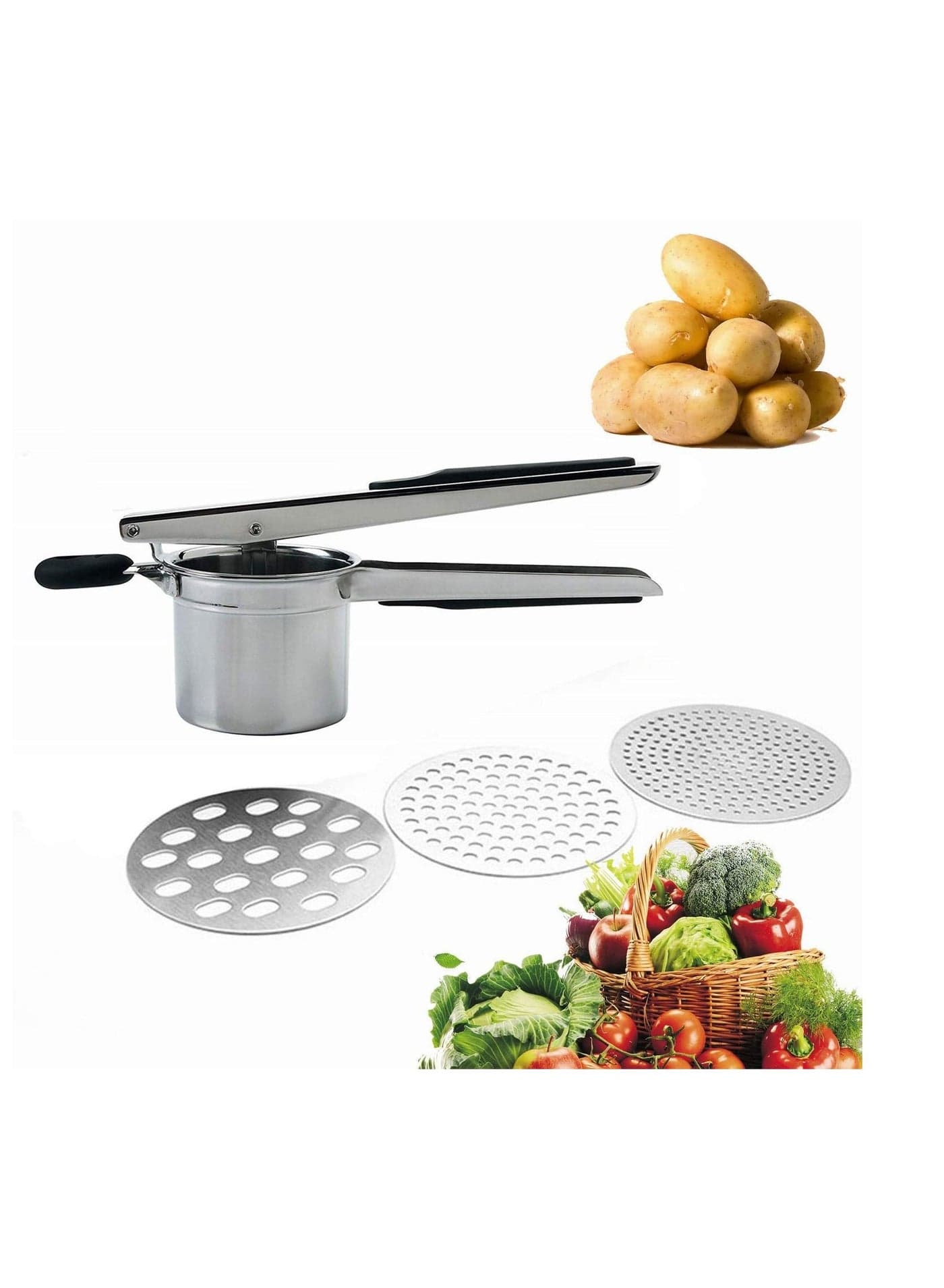 Potato Ricer and Masher with 3 Interchangable Discs Multifunction Fruit Masher Kitchen Supplies Stainless Steel Food Mashers