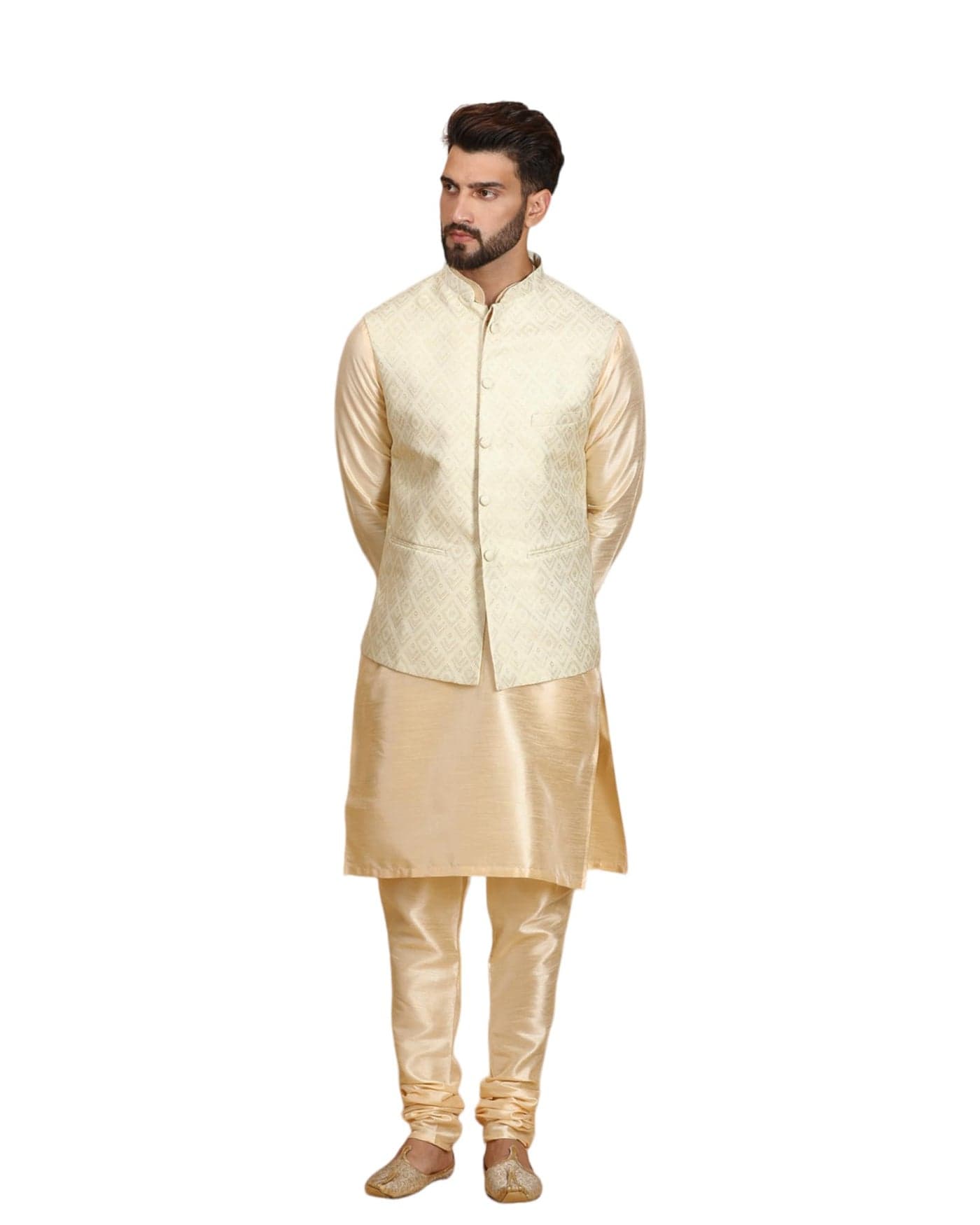 Ethluxis Silk Blend Men's Kurta Set With Nehru Bandhgala Jacket (44, Golden), Solid