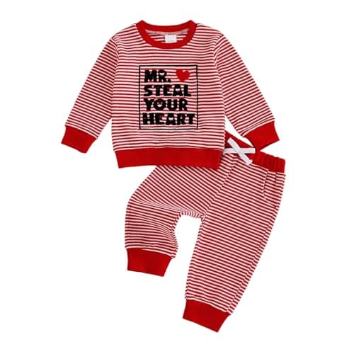 Kuriozud Toddler Baby Boy Valentines Day Outfit Striped Mr Steal Your Heart Sweatshirt and Pants Set Valentines Day Clothes (Red Mr. Steal Your Heart, 12-18 Months)