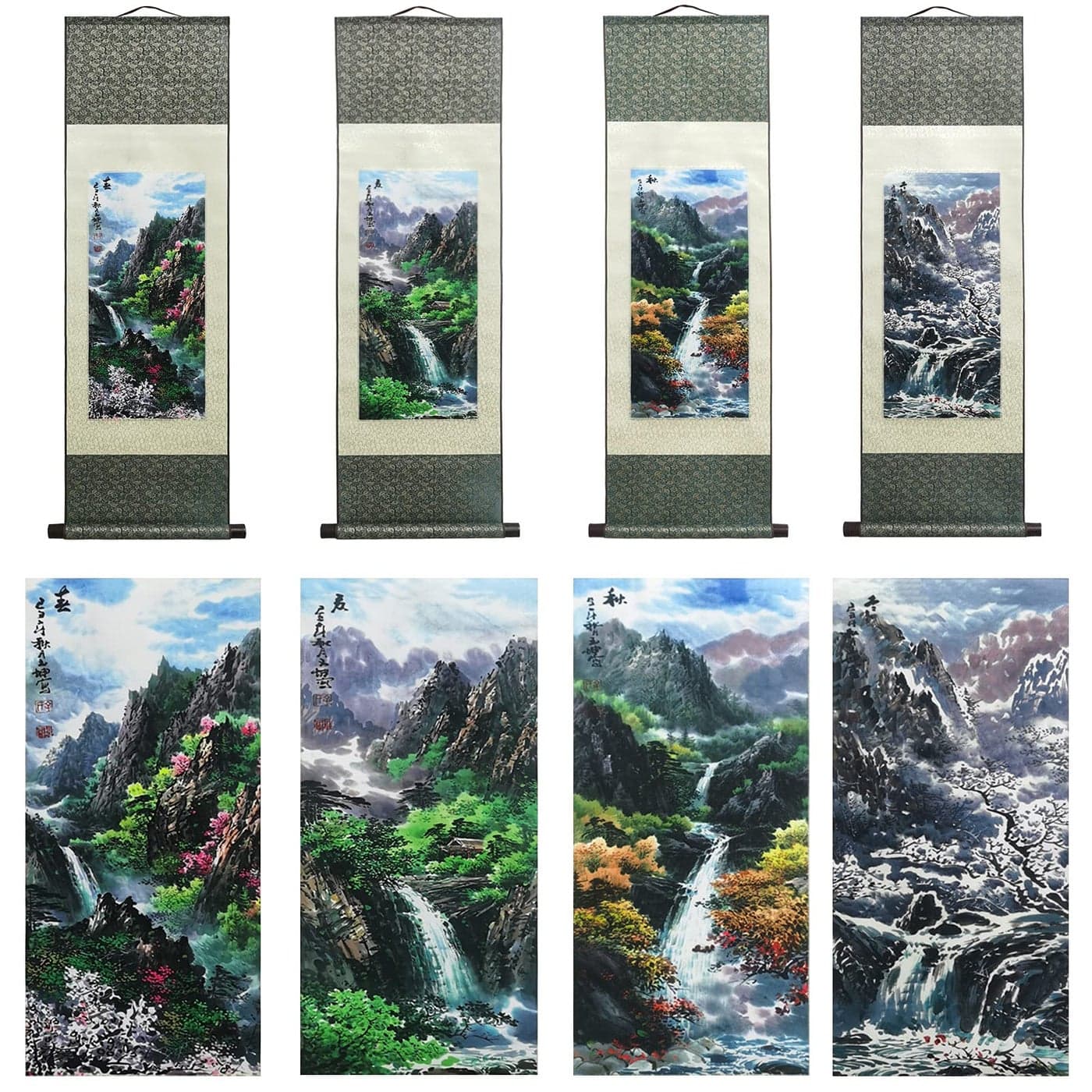 AtfArt Asian Wall Decor Beautiful Silk Scroll Painting Four Seasons Landscape Summer Autumn WinterSpring Oriental Decor Chinese Art Wall Scroll 39 x 12in Four Piece