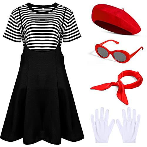 Tisancy 6 Pcs Halloween French Artist Costume Women Outfit Dress Striped T Shirt Gloves Beret Scarf Sunglasses(Red Beret,Small)